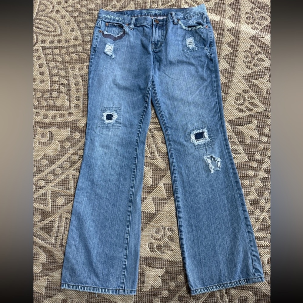 American Eagle Jeans Sz 10 Women Hipster Boot LowRise Flare Bead Distress UNIQUE